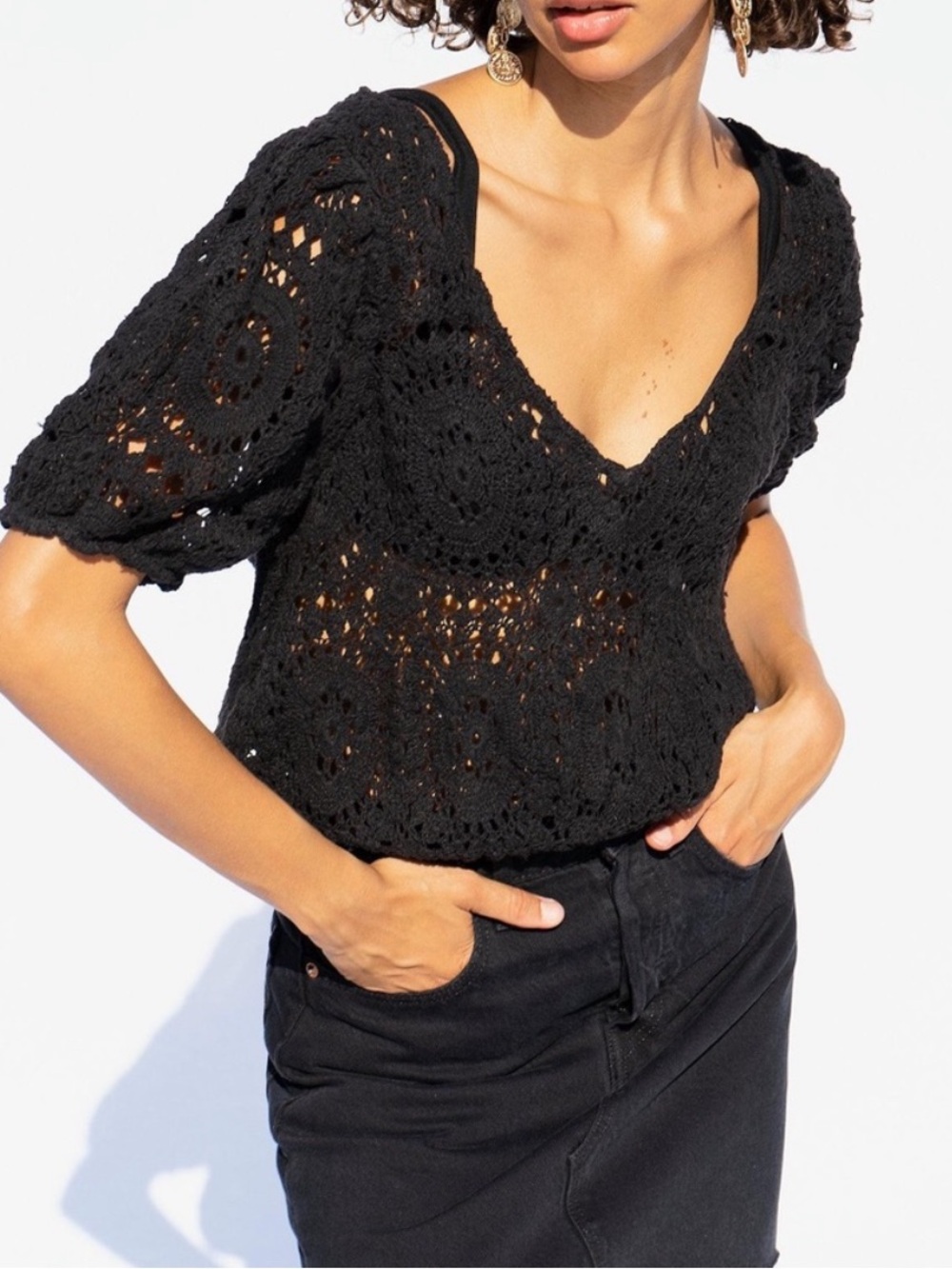 NWOT Free People Black Crochet Puff Sleeve V-Neck Top